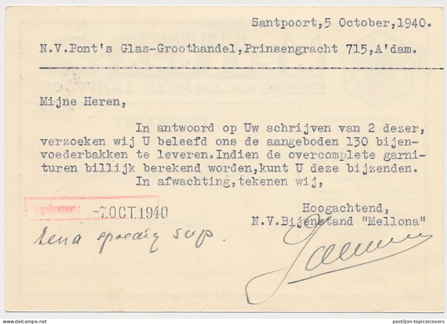 Firma Briefkaart Santpoort 1940 - Mellona - Honing - Bijen - Ohne Zuordnung