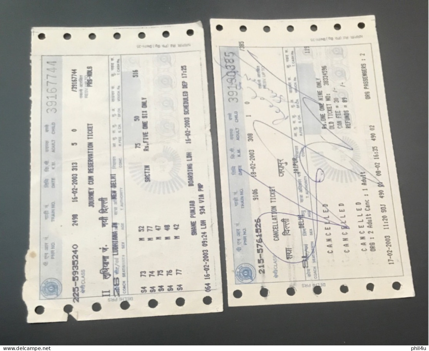 2003 Indian Railway Reservation Ticket And Cancellation See Photos - Trenes