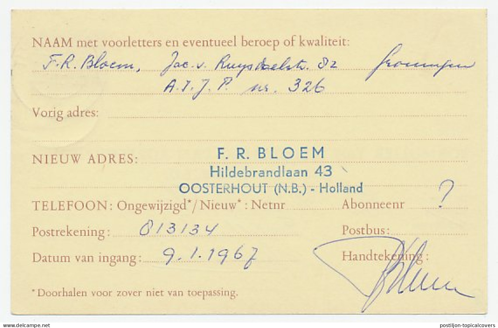 Verhuiskaart G. 34 Oosterhout - Den Haag 1967 - Postal Stationery