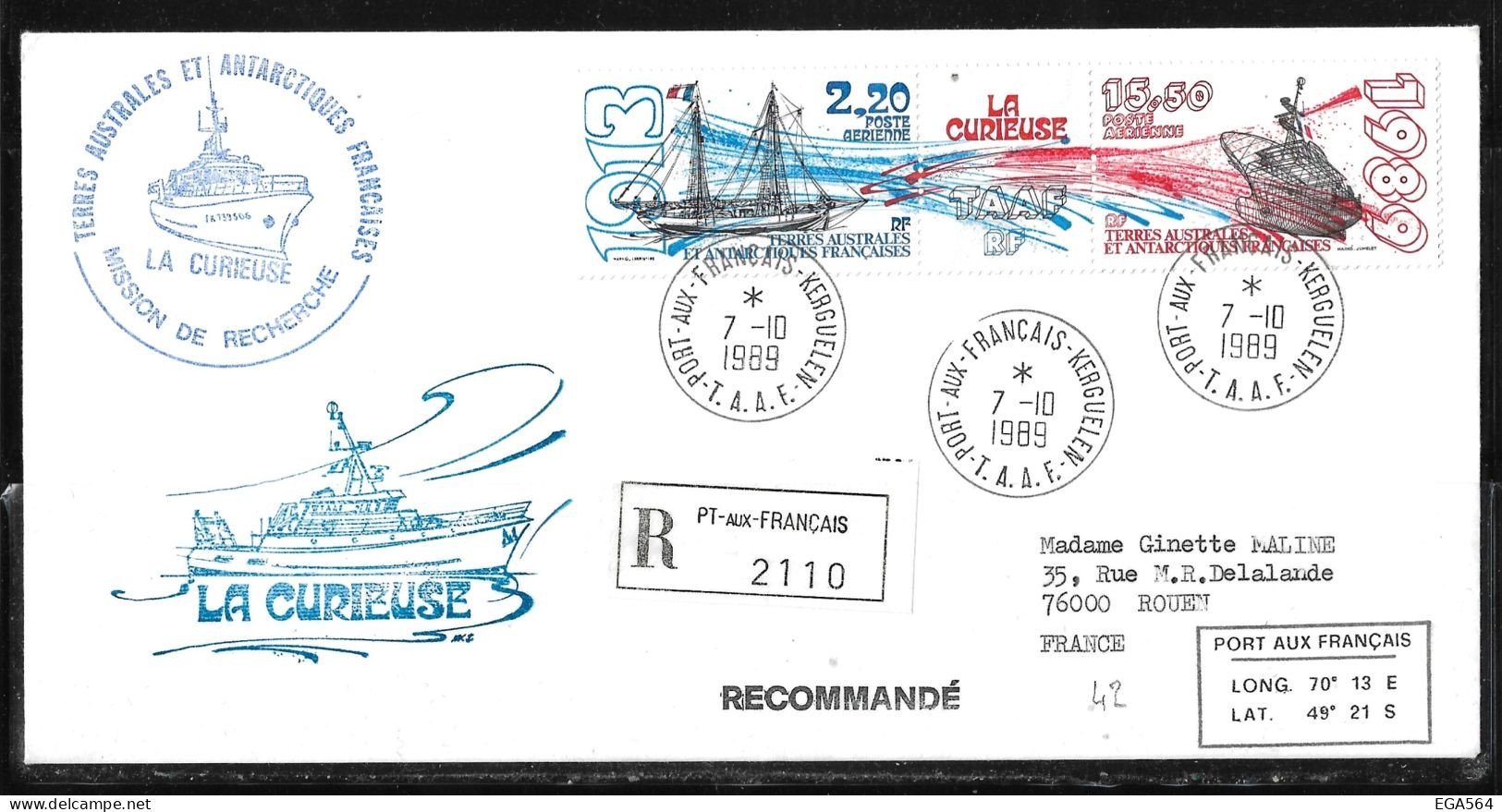 91-Y&T PA 106A  " LA CURIEUSE " En 1913 Et En 1989 Sur Pli Du 7.10.1989 Kerguelen  Recommandé - Cachets Du Bateau. - Storia Postale