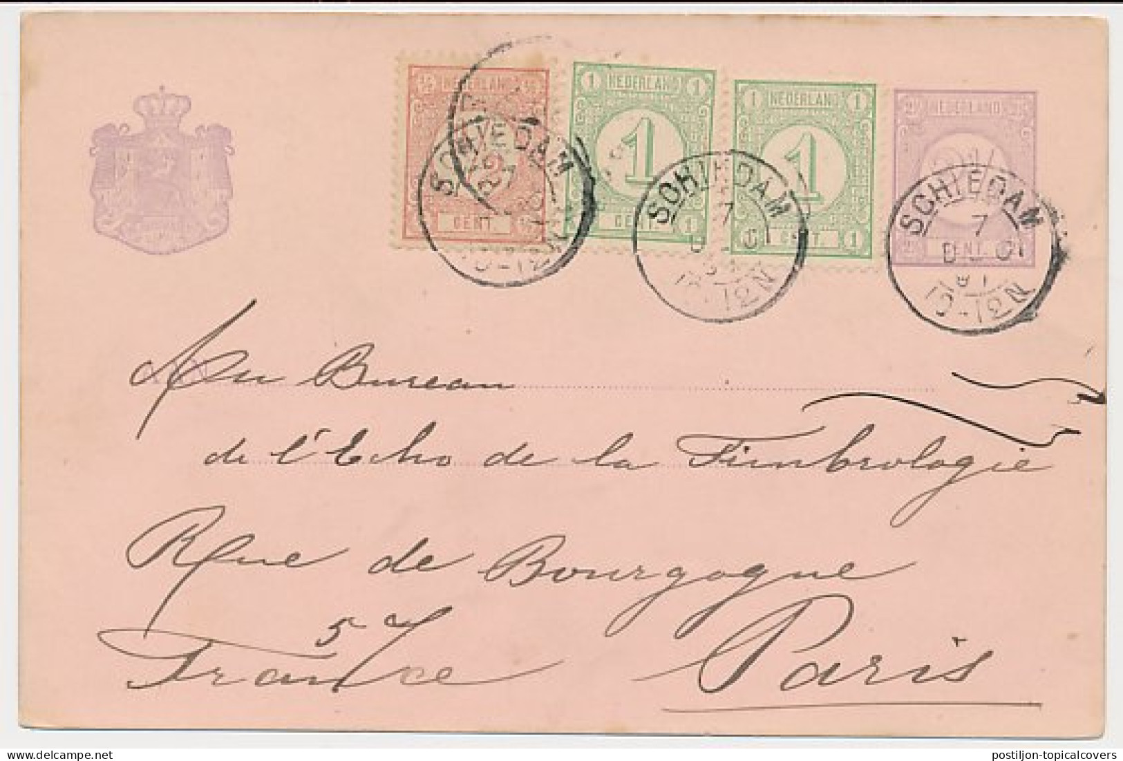 Briefkaart G. 23 / Bijfrankering Schiedam - Frankrijk 1891 - Postwaardestukken