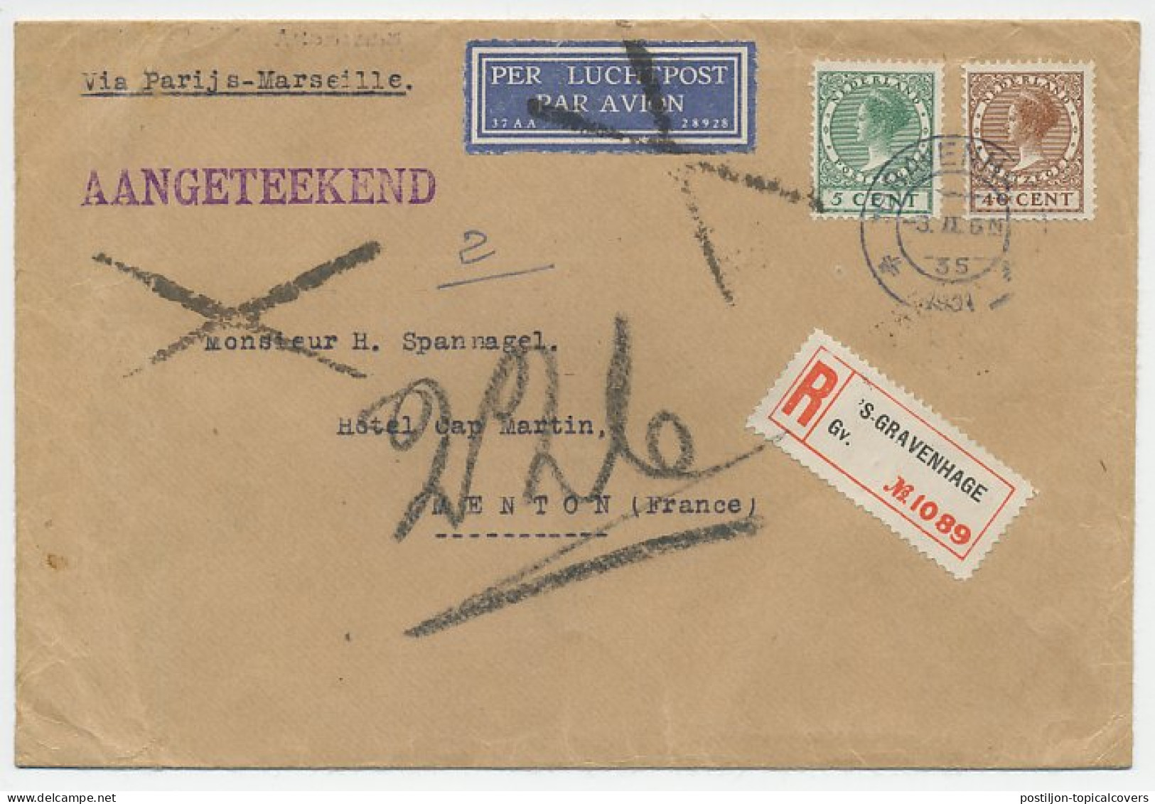 Em. Veth Den Haag - Menton Frankrijk 1931 - Zonder Classificatie