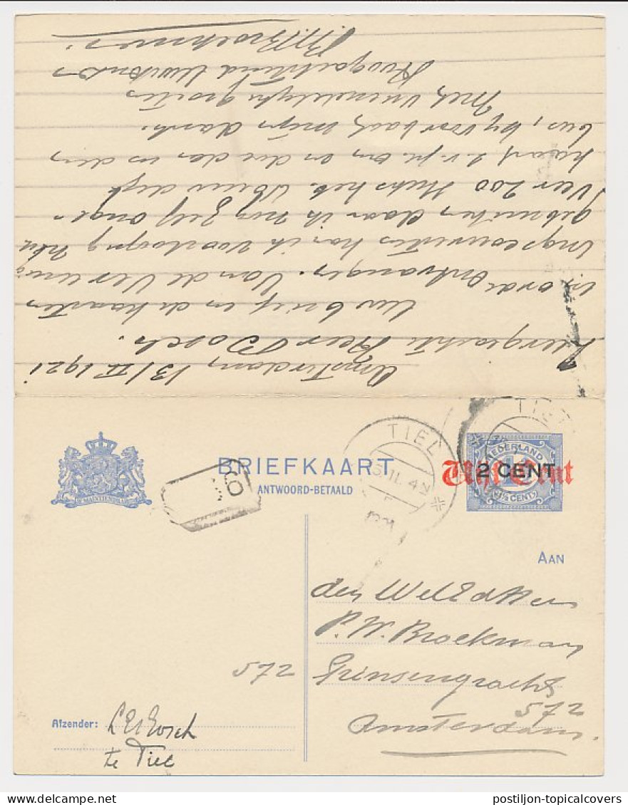 Briefkaart G. 117 I Amsterdam - Tiel 1921 V.v. - Postal Stationery