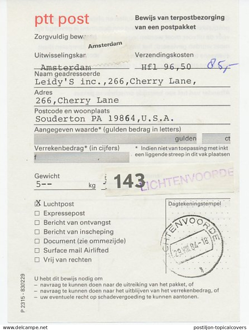 Lichtenvoorde 1984 - Postbewijs Pakket Buitenland  - Ohne Zuordnung