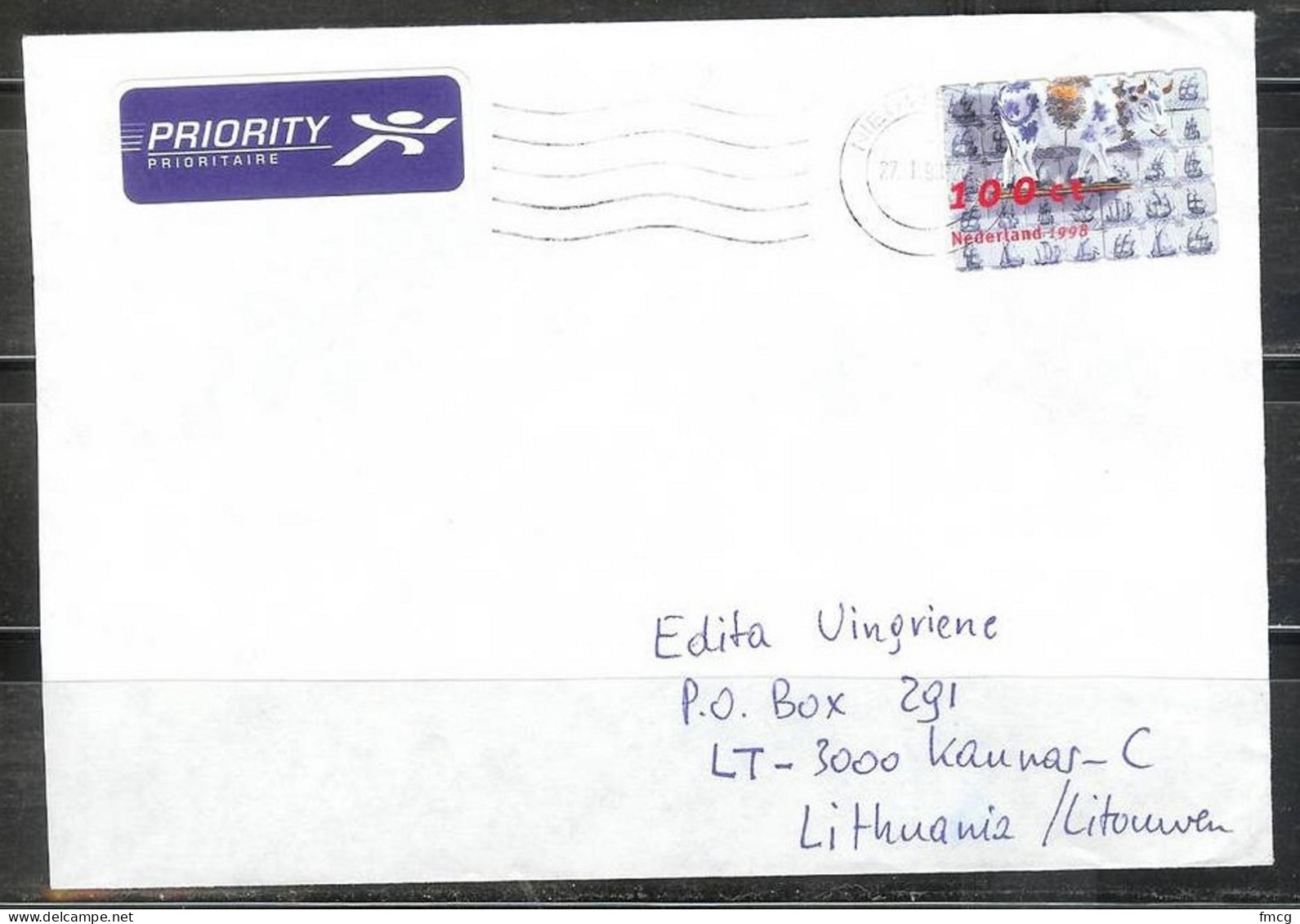 1998 1.00c Cow And Sailing Ships Used To Lithuania - Lettres & Documents