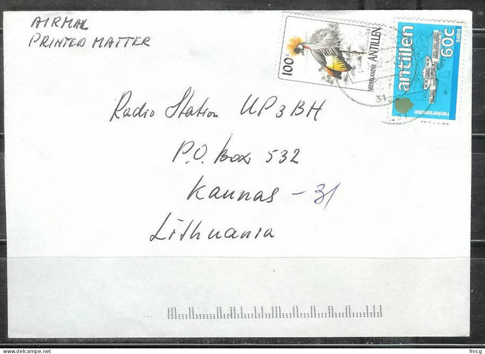 Curacao, 100c Bird Black Crowned Crane On 1997 Cover To Lithuania - Curazao, Antillas Holandesas, Aruba