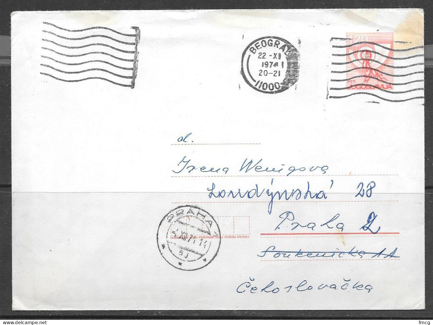 1974 Beograde Postal Envelope To Czechoslovakia - Lettres & Documents