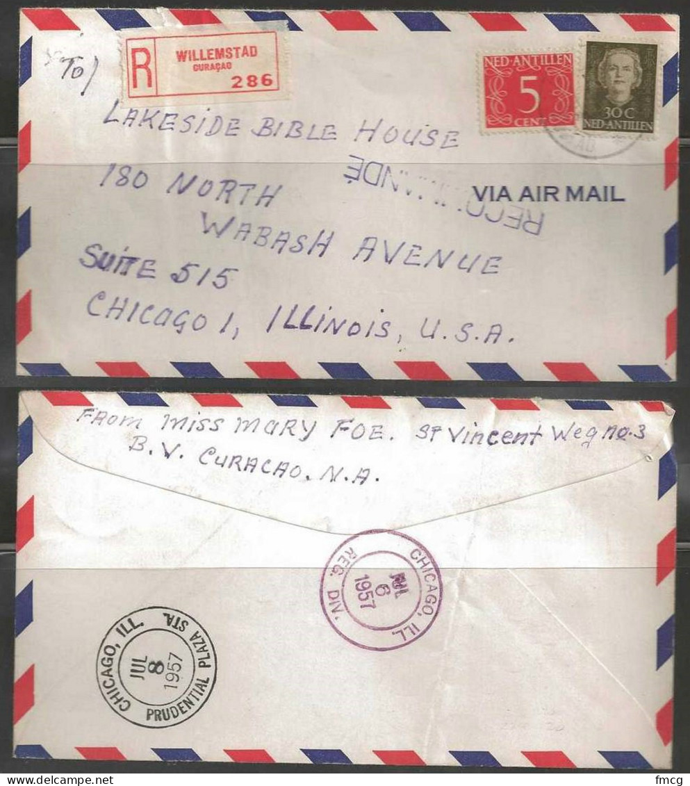 Curacao, 1957 Registered Letter Willemstad To Chicago (Jul 6 & 8) USA - Curaçao, Nederlandse Antillen, Aruba