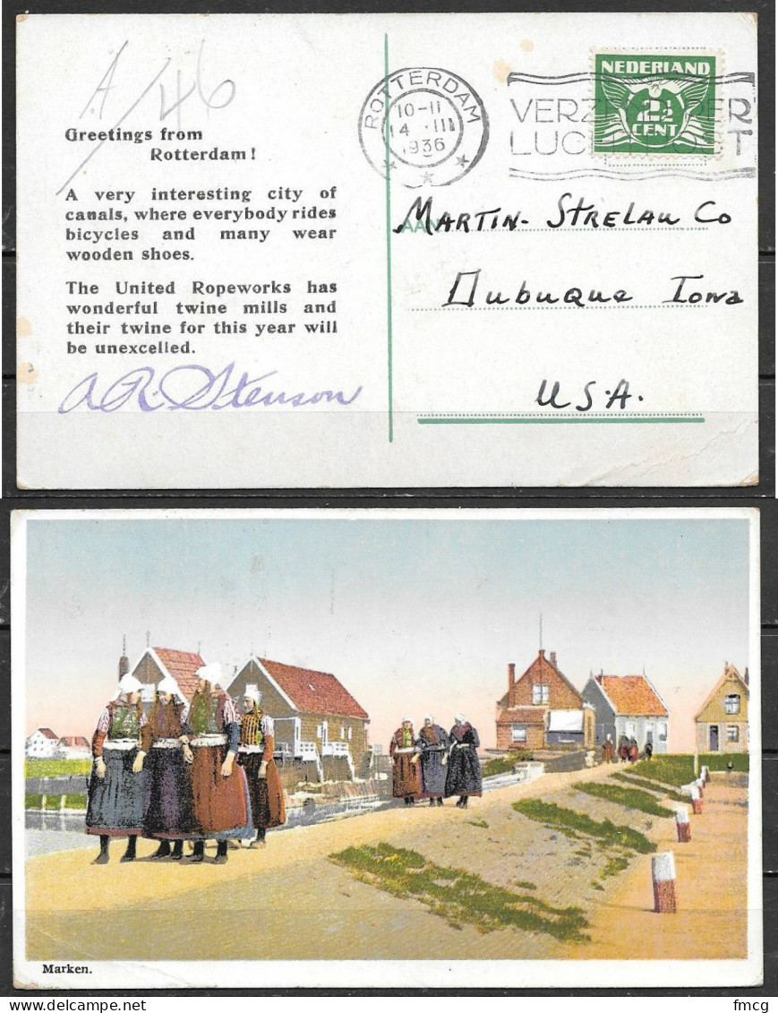 1936 Rotterdam (14-III-1936) 2-1/2 Cents Wings On Picture Pc To USA - Storia Postale
