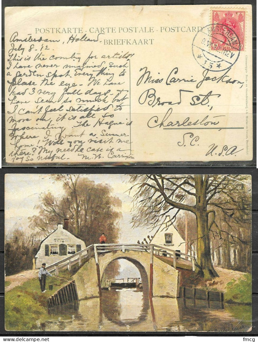 1912 Amsterdam Cancel 5 Cents Queen On Picture Postcard To USA - Brieven En Documenten