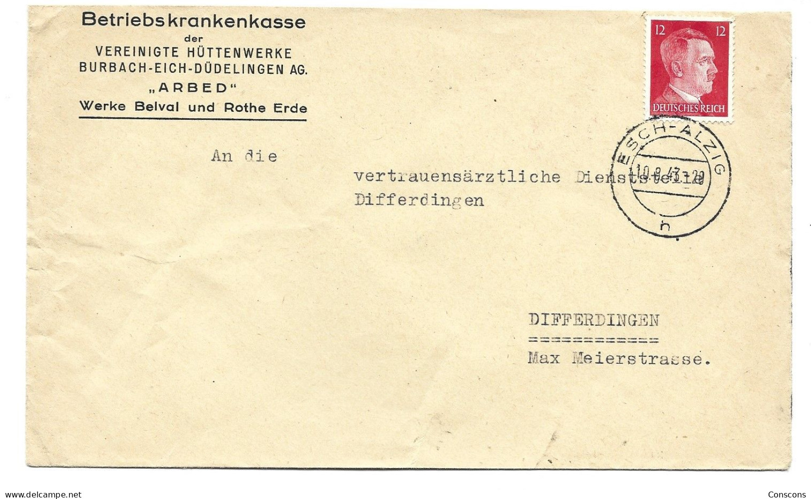 Brief Von Krankenkasse ARBED Belval Nach Differdingen - 1940-1944 Duitse Bezetting