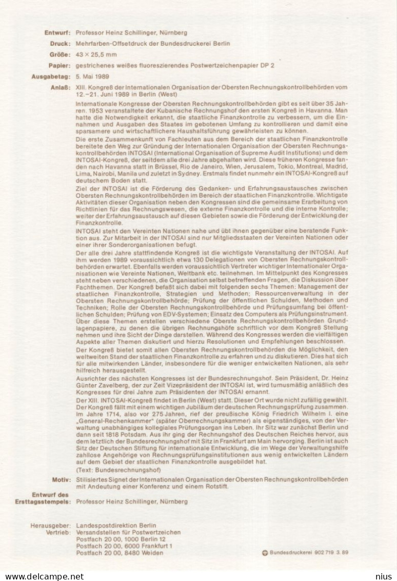 Germany Deutschland 1989-8 Organisation Der Obersten Rechnungskontrollbehörden Supreme Audit Institutions, Berlin - 1981-1990