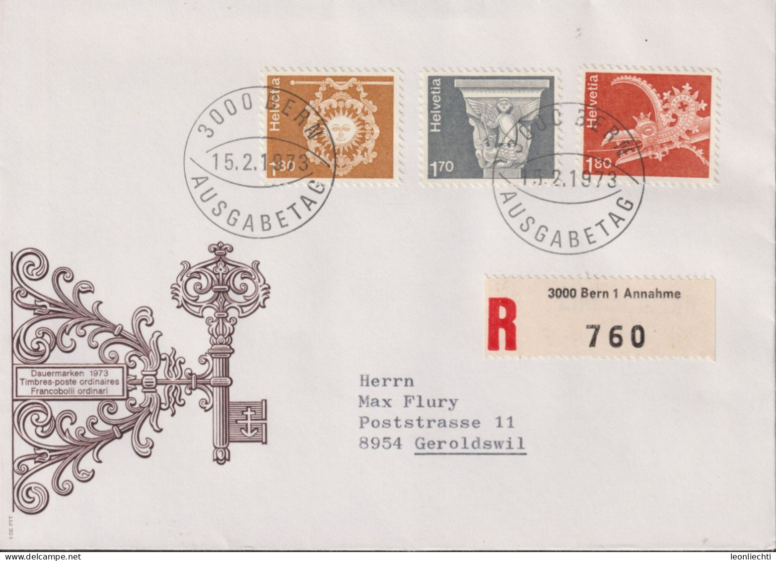 1973 Schweiz FDC - R-Brief, Zum:CH 537+539+540, Mi:CH: 991+992+993, Architektur Und Kunsthandwerk - Covers & Documents