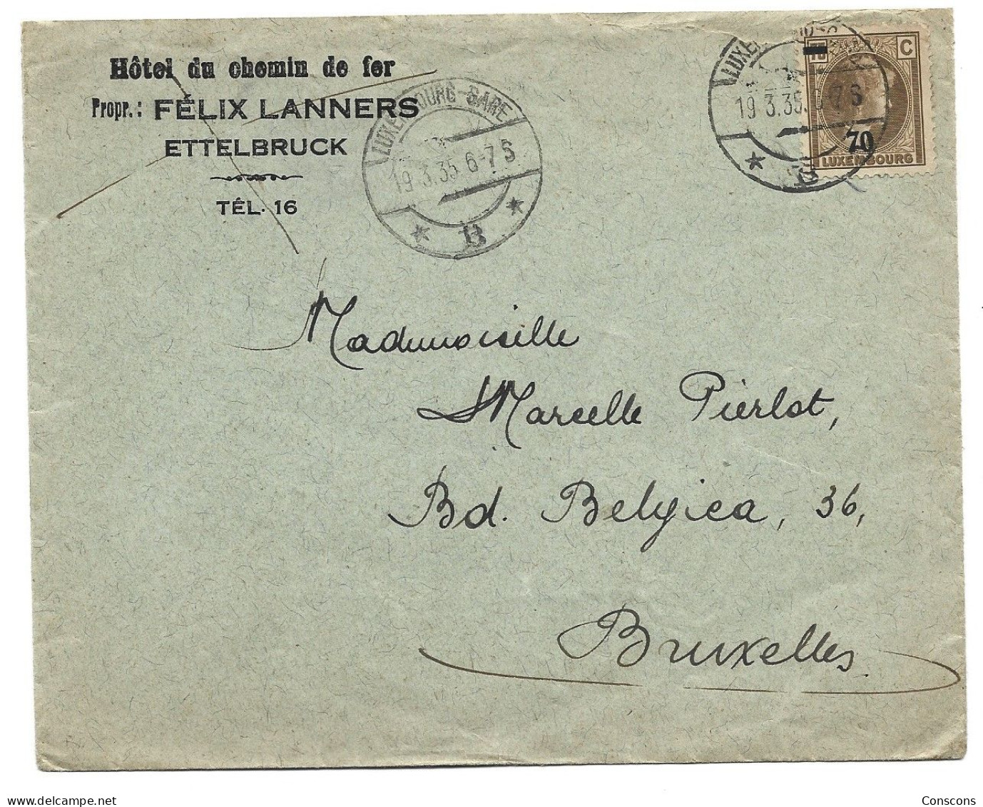 Brief Vom Hôtel Du Chemin Der Fer Ettelbruck Nach Bruxelles - 1940-1944 Duitse Bezetting