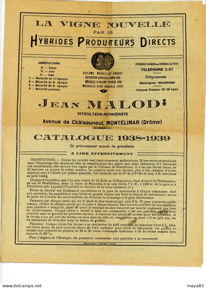 LA VIGNE NOUVELLE PAR HYBRIDES PRODUCTEURS DIRECTS  JEAN MALOD 1938-1939  Réf 180G - Informaciones Generales