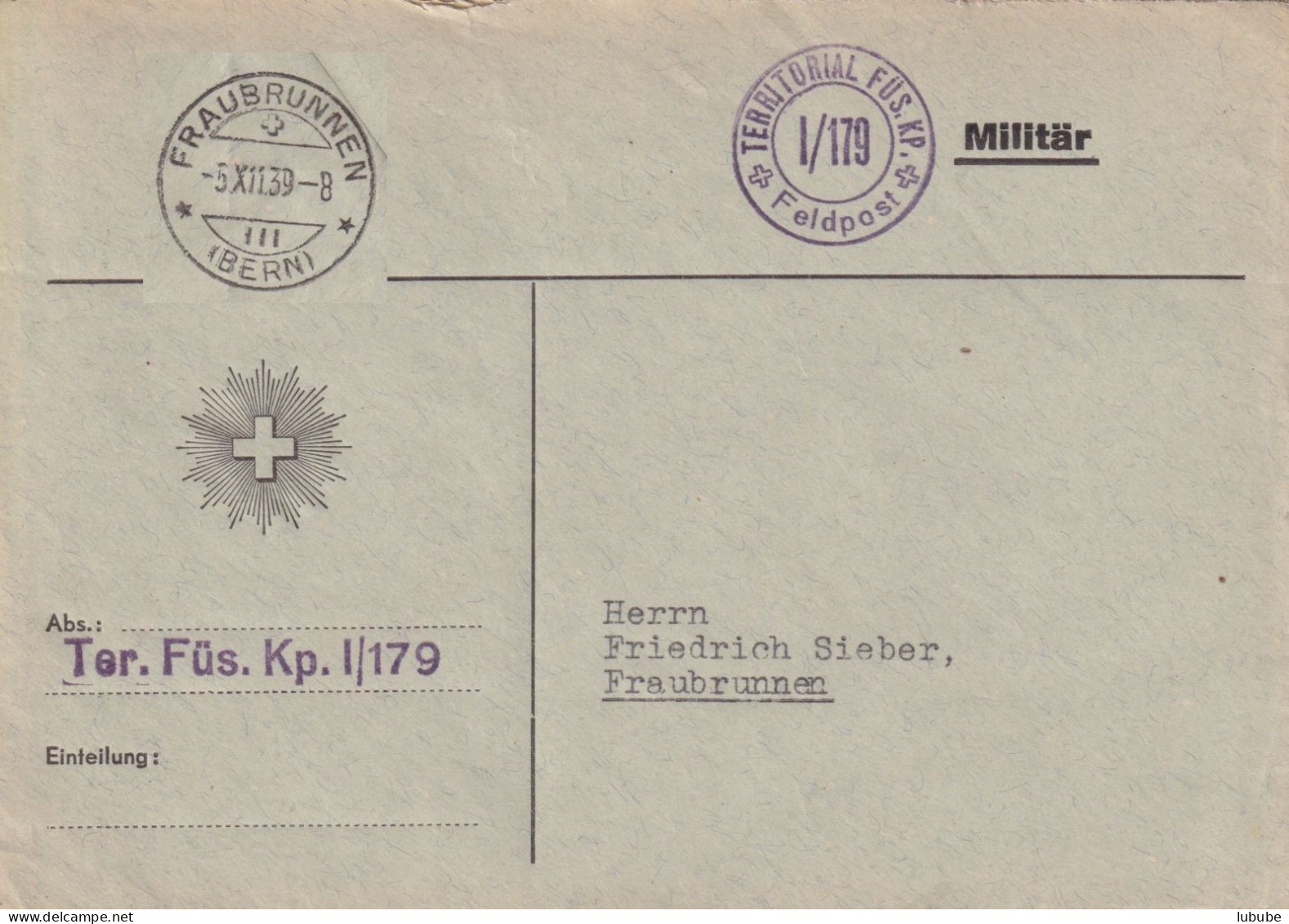 Feldpost Brief  "Territorial Füs.Kp. I/179"        1939 - Storia Postale