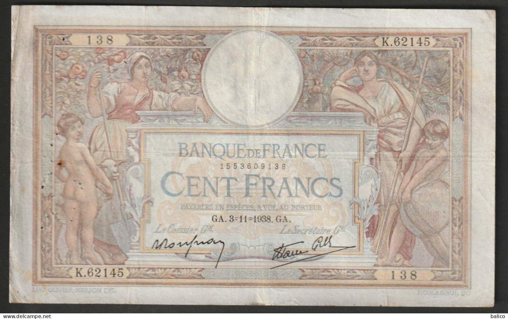 Billet 100 Francs Luc Olivier Merson - 3-11-1938 -  K.62145 -  138 - - 100 F 1908-1939 ''Luc Olivier Merson''