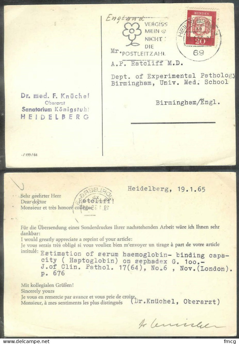 1965 Postcard  Heidelberg (19.1.65) Medical School  To England - Neufs