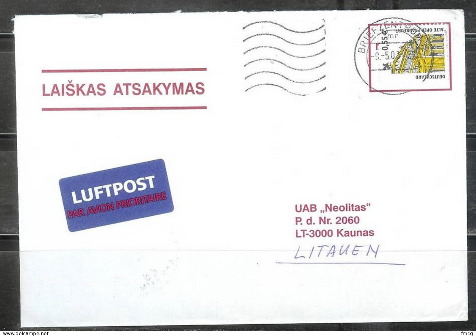 2003 - 0.55 Euro Historic Sites Stamp To Lithuania - Storia Postale