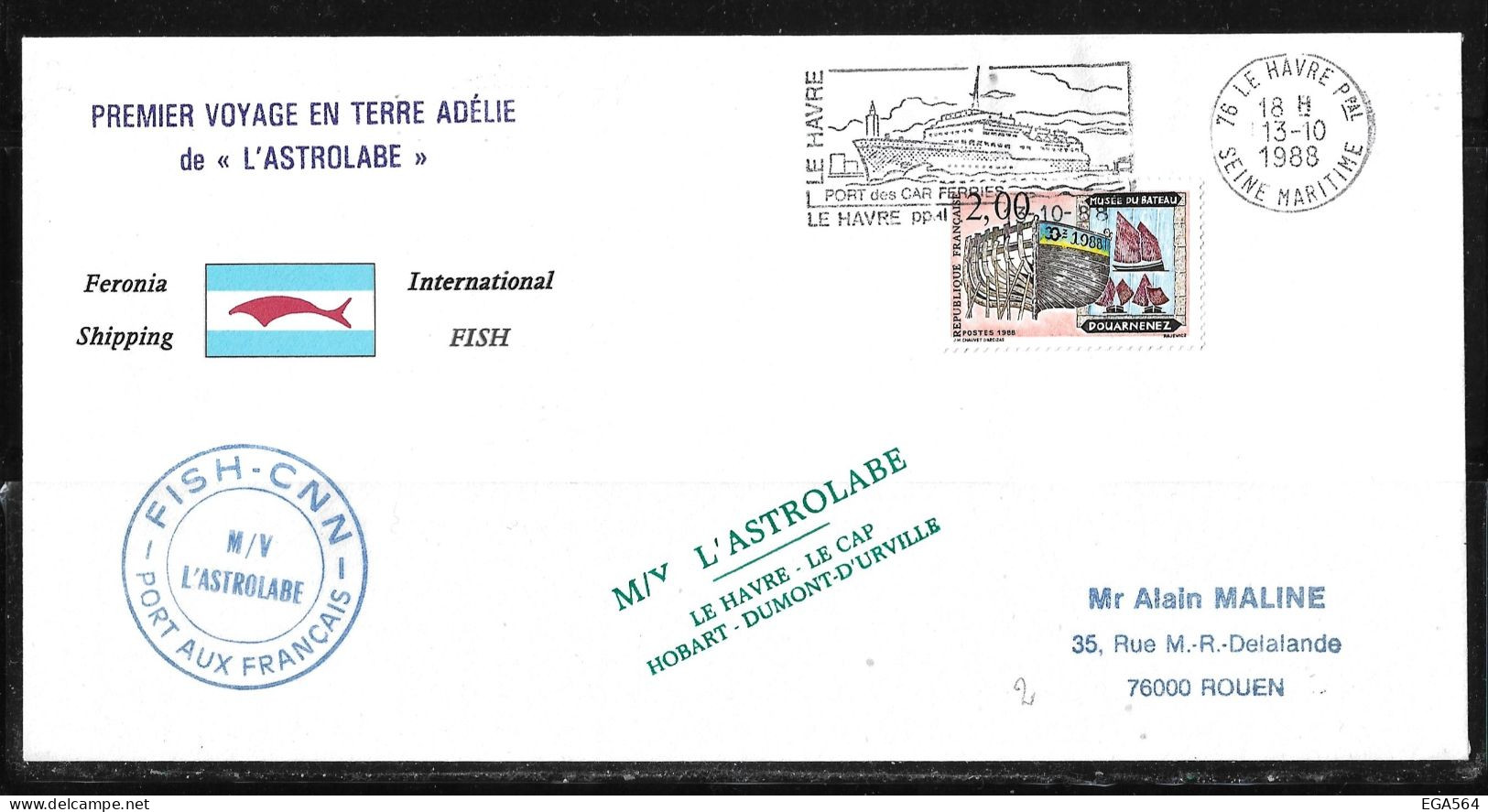 91 - TAAF Timbre France 13.10.1988 Le Havre. Départ De La 1ère Rotation De " L'ASTROLABE" - Covers & Documents