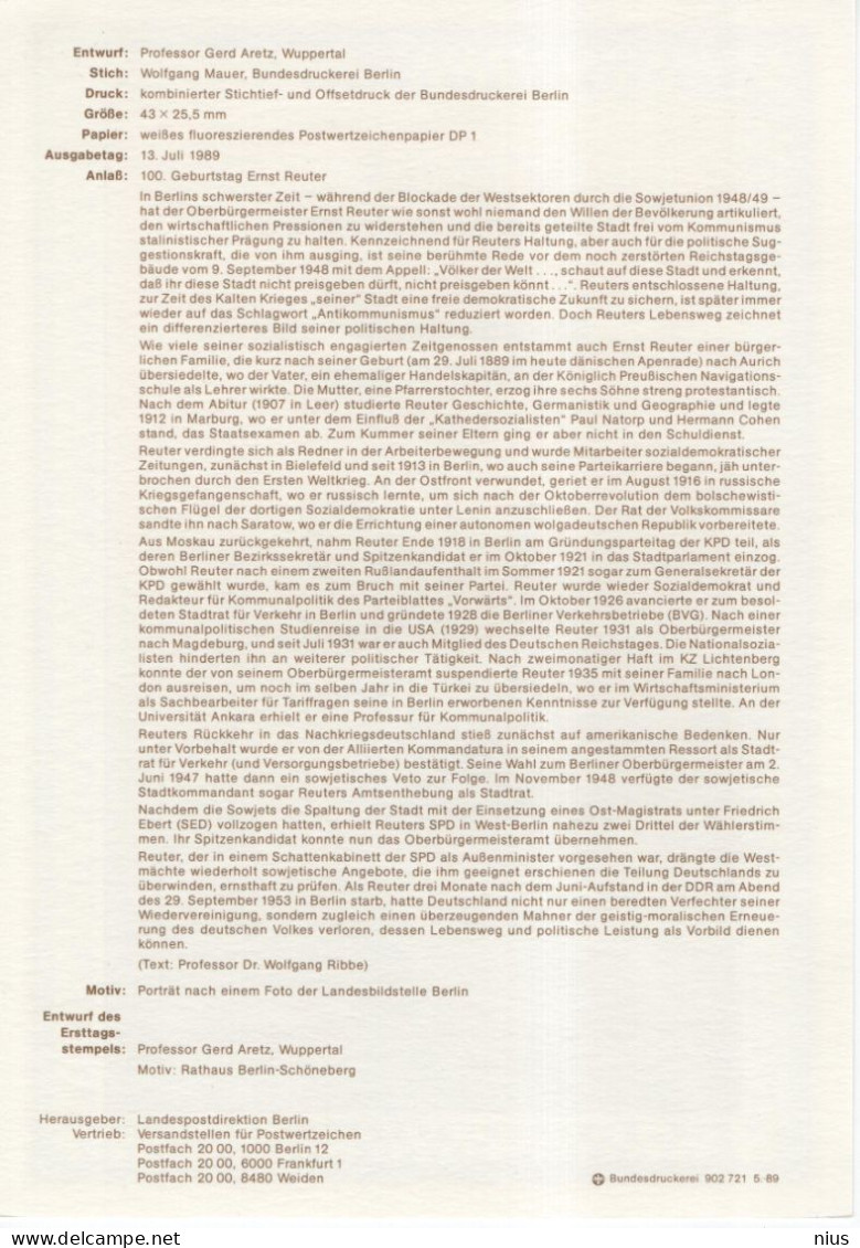 Germany Deutschland 1989-10 Ernst Reuter, Governing Mayor Of West Berlin, Canceled In Berlin - 1981-1990