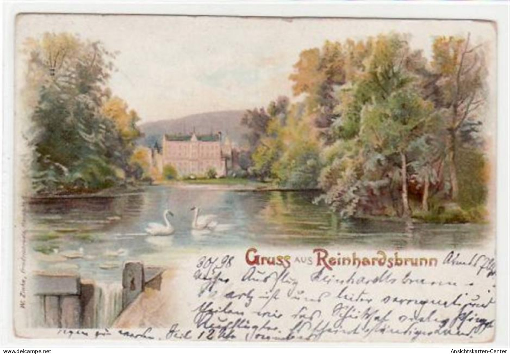 39002406 - Lithographie. Gruss Aus Reinhardsbrunn Bei Friedrichroda I. Thuer. Schloss See Gelaufen 1898 Eckbug Oben Rec - Friedrichroda