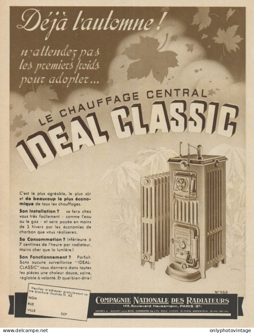 Le Chauffage Central IDEAL CLASSIC - Pubblicità D'epoca - 1937 Old Advert - Publicidad