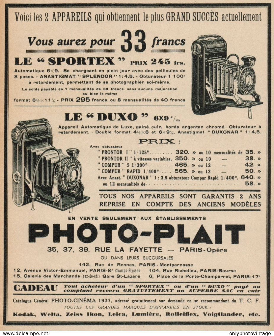 PHOTO-PLAIT - Sportex - Duxo - Pubblicità D'epoca - 1937 Old Advertising - Publicidad