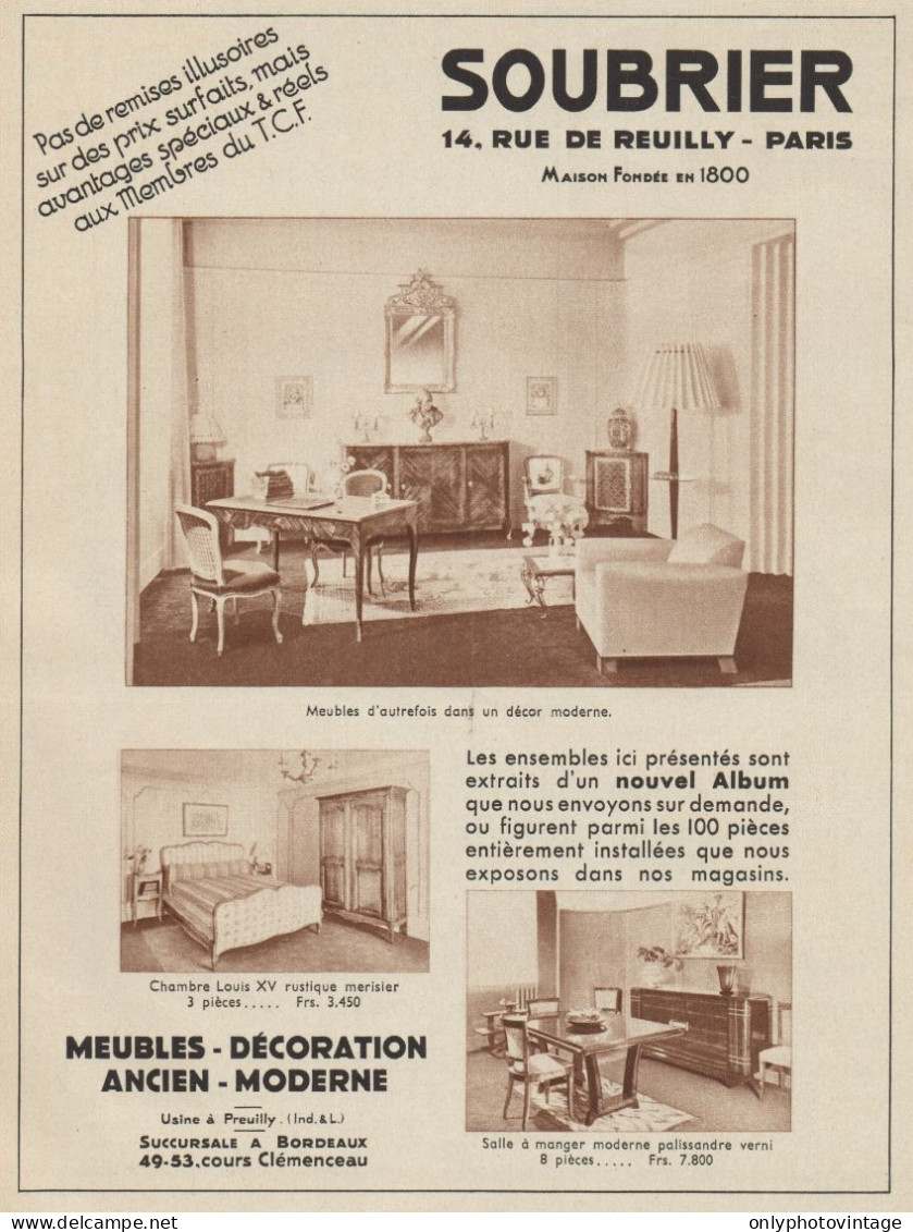 Meubles SOUBRIER - Paris - Pubblicità D'epoca - 1937 Old Advertising - Pubblicitari