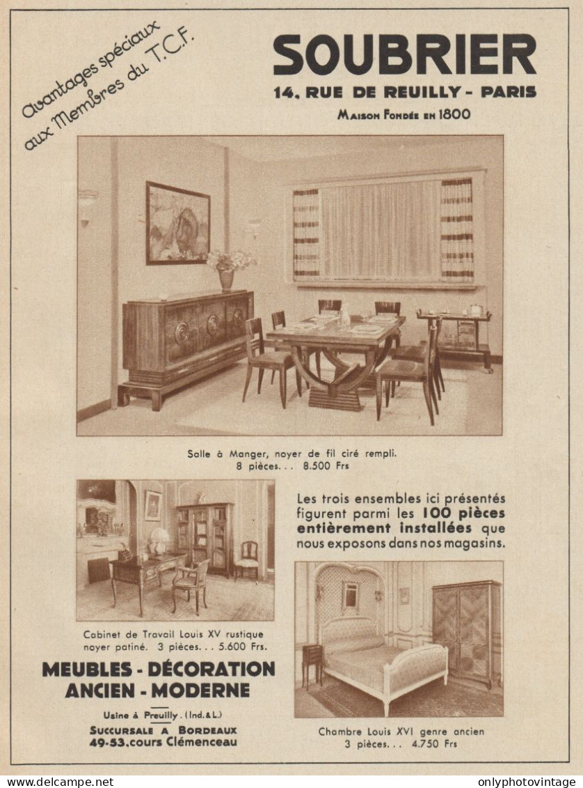 Meubles SOUBRIER - Paris - Pubblicità D'epoca - 1937 Old Advertising - Pubblicitari