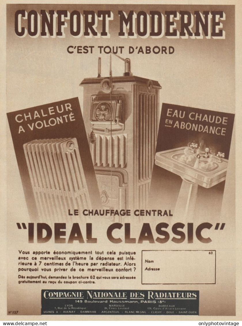 Chauffage Central IDEAL CLASSIC - Pubblicità D'epoca - 1936 Old Advert - Publicidad