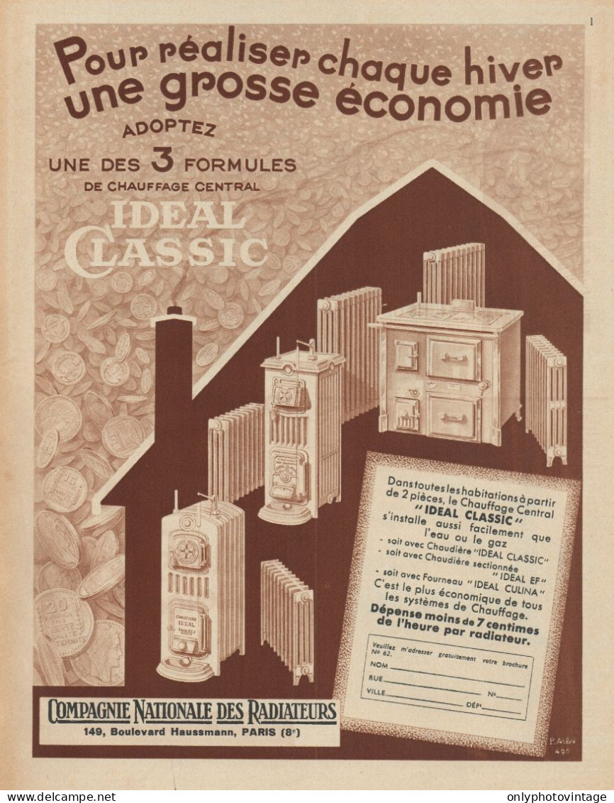 Chauffage Central IDEAL CLASSIC - Pubblicità D'epoca - 1936 Old Advert - Publicidad