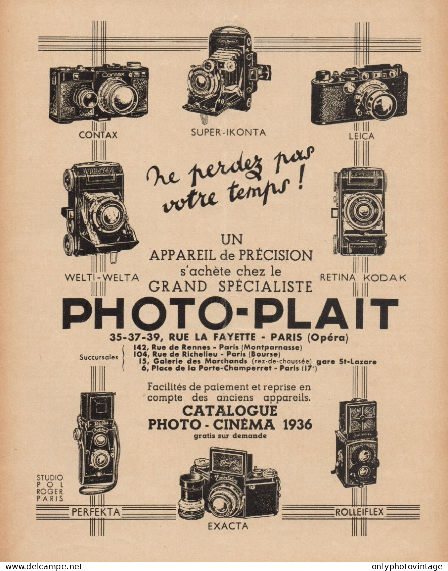 Apparecchi Fotografici PHOTO-PLAIT - Pubblicità D'epoca - 1936 Old Advert - Pubblicitari
