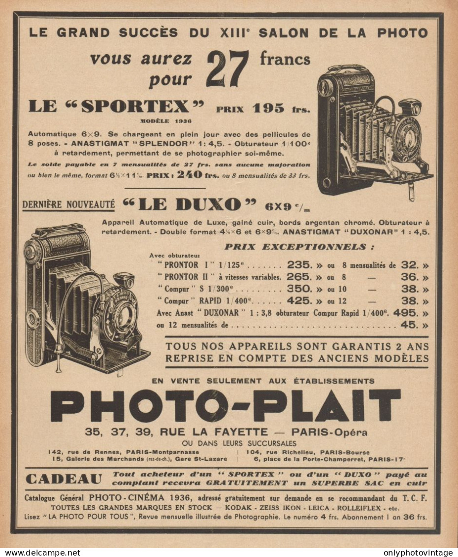 Macchina Fotografica SPORTEX - Photo-Plait - Pubblicità D'epoca - 1936 Ad - Publicidad