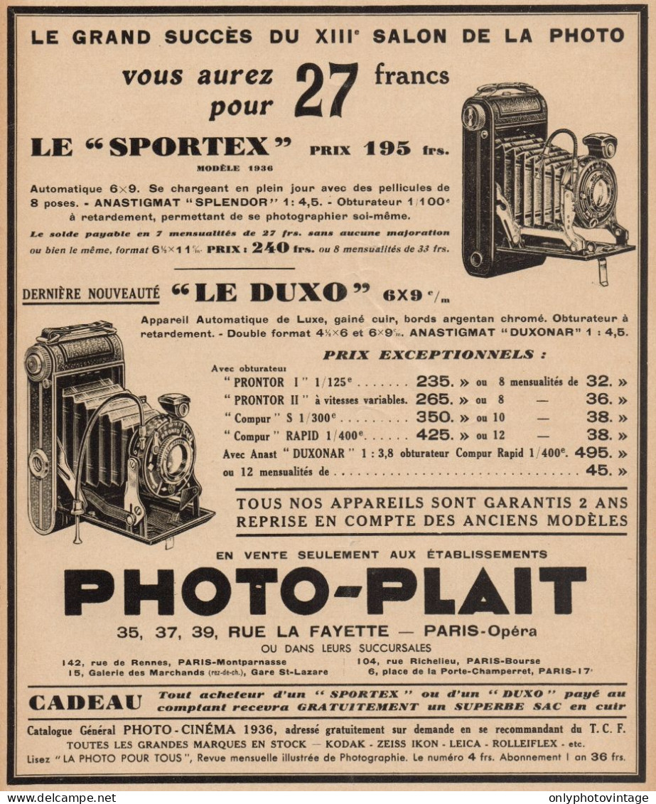 Macchina Fotografica SPORTEX - Photo-Plait - Pubblicità D'epoca - 1936 Ad - Publicidad