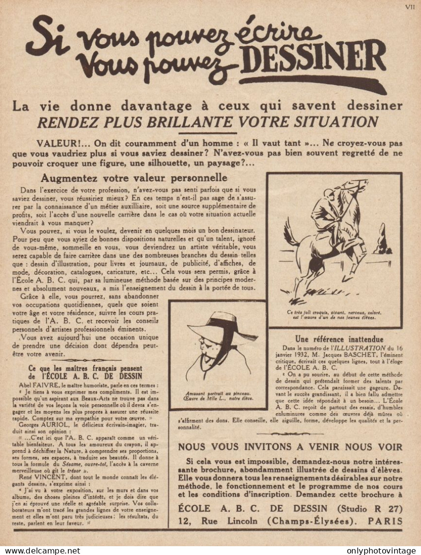 Ecole De Dessin A.B.C. - Paris - Pubblicità D'epoca - 1932 Old Advertising - Pubblicitari