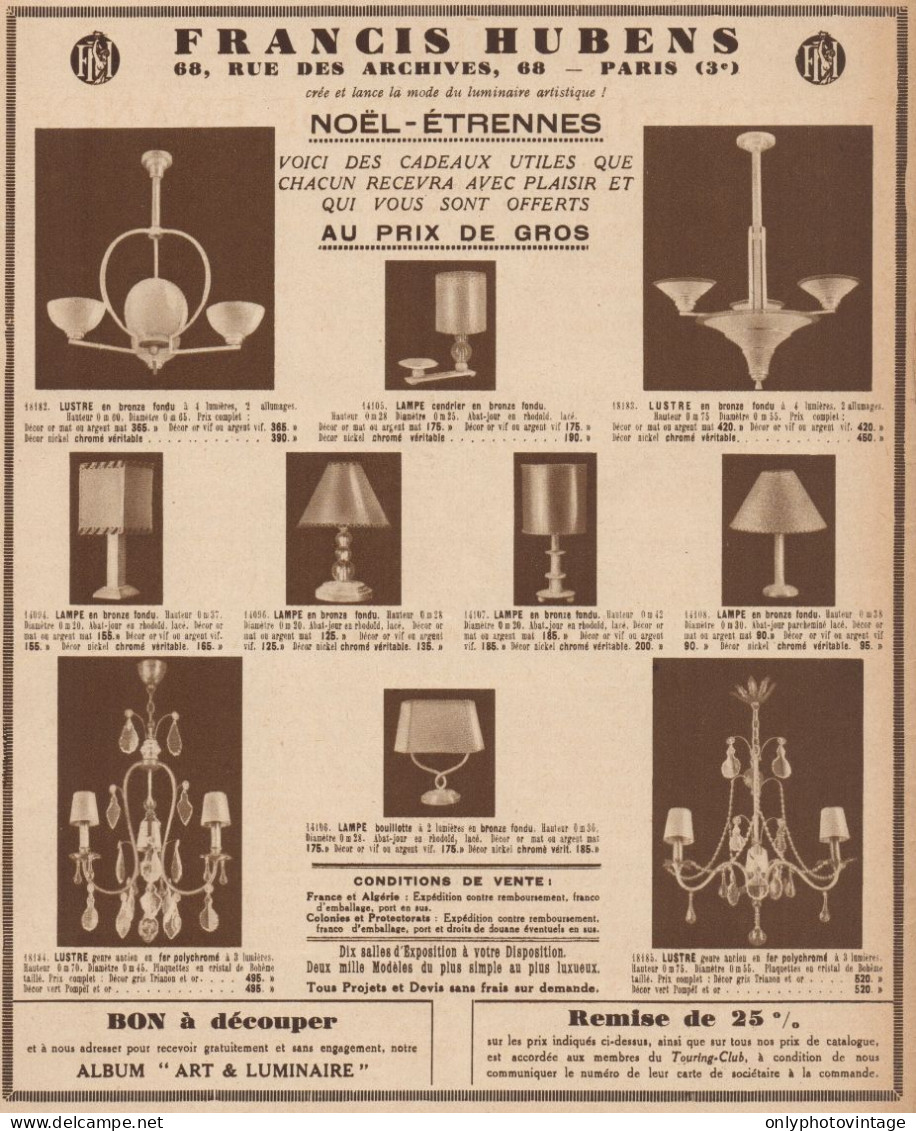 Lampadari Francis HUBENS - Parigi - Pubblicità D'epoca - 1932 Old Advert - Pubblicitari