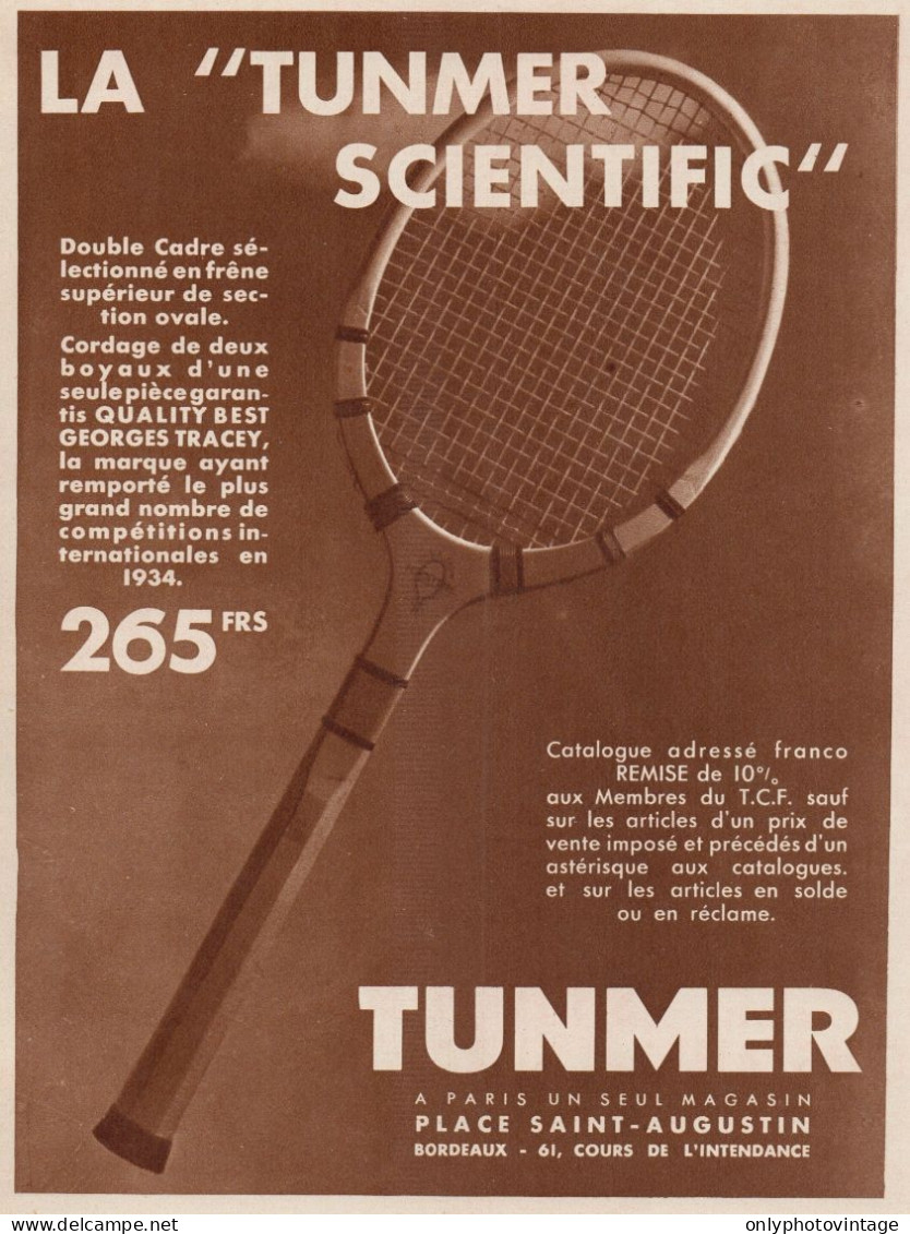 Racchetta Da Tennis - TUNMER - Pubblicità D'epoca - 1935 Old Advertising - Pubblicitari