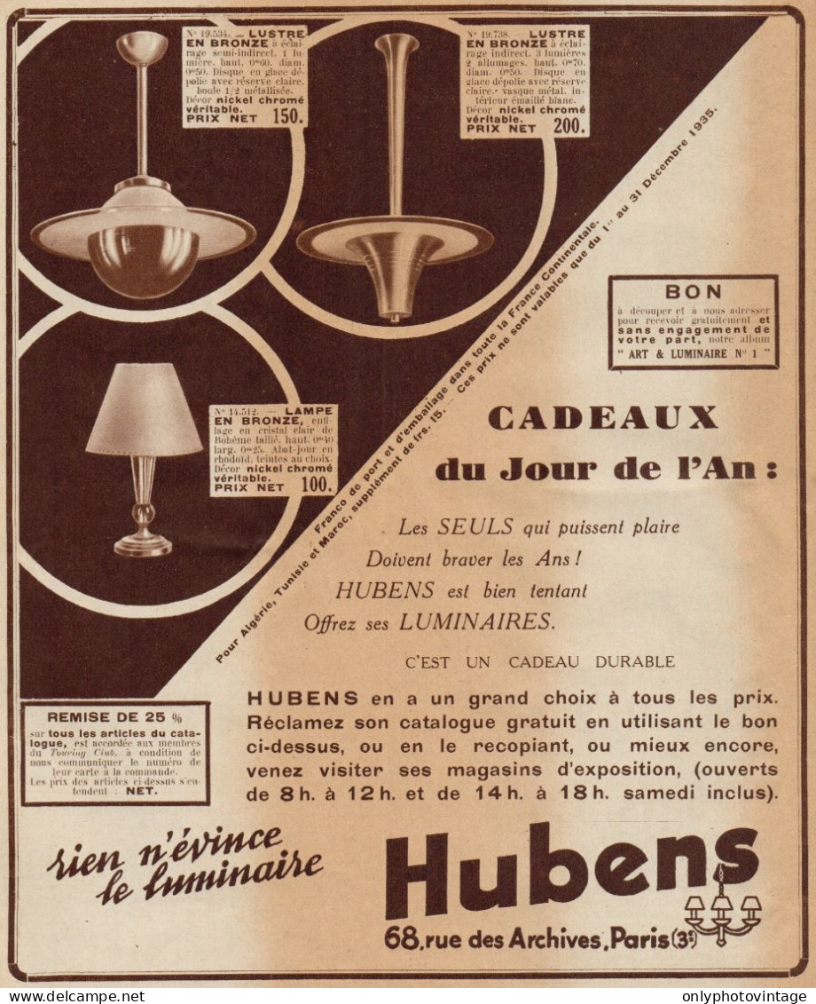 Lampadari HUBENS - Pubblicità D'epoca - 1935 Old Advertising - Publicidad
