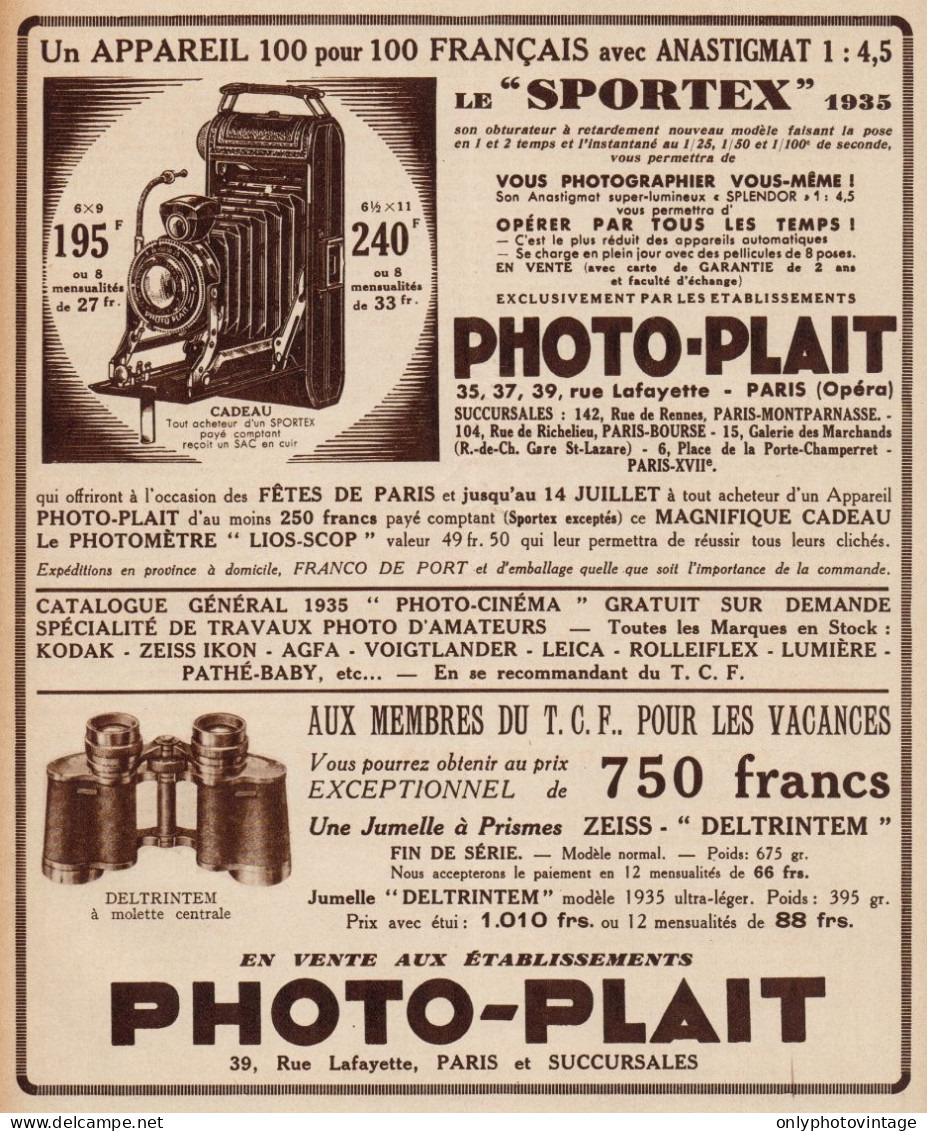PHOTO-PLAIT - Apparecchi Fotografici - Pubblicità D'epoca - 1935 Old Ad - Pubblicitari