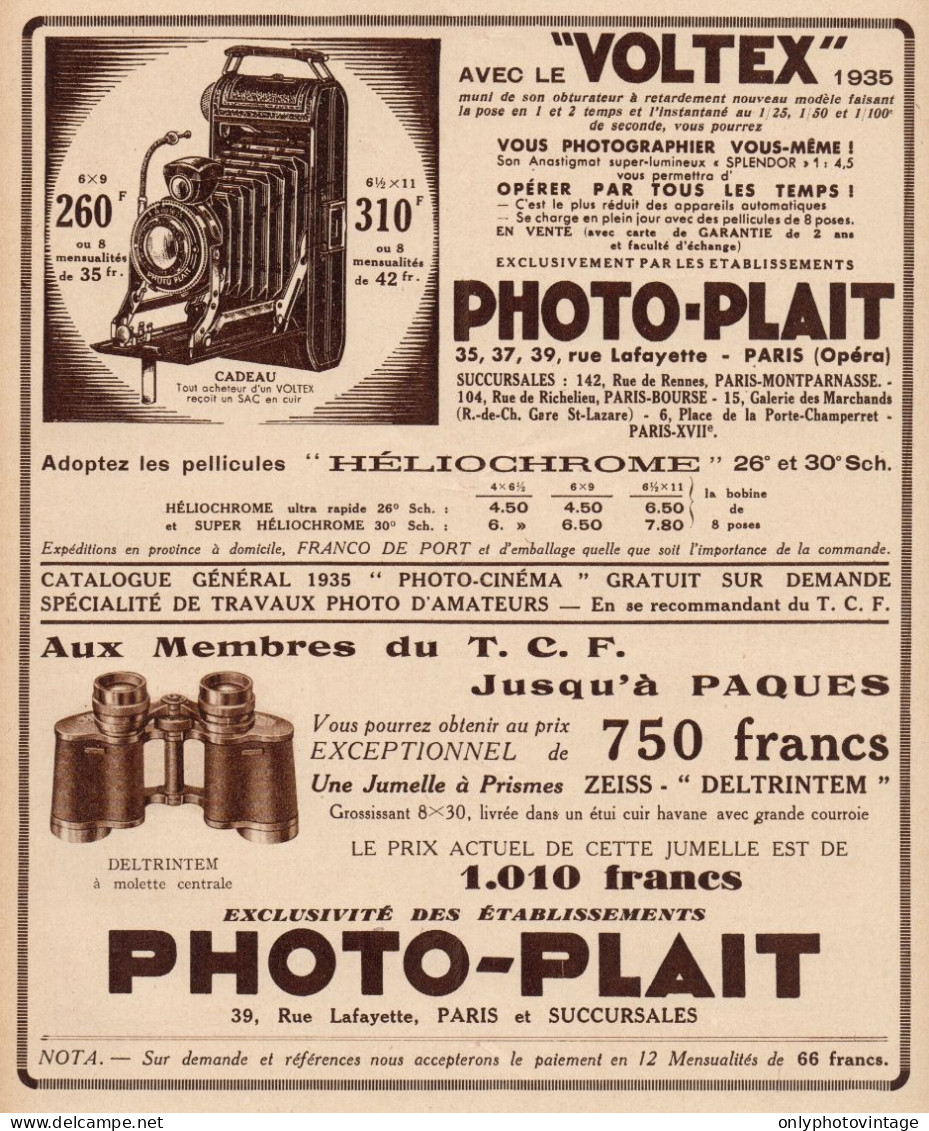 PHOTO-PLAIT - Voltex 6 X 9 - Pubblicità D'epoca - 1935 Old Advertising - Publicidad