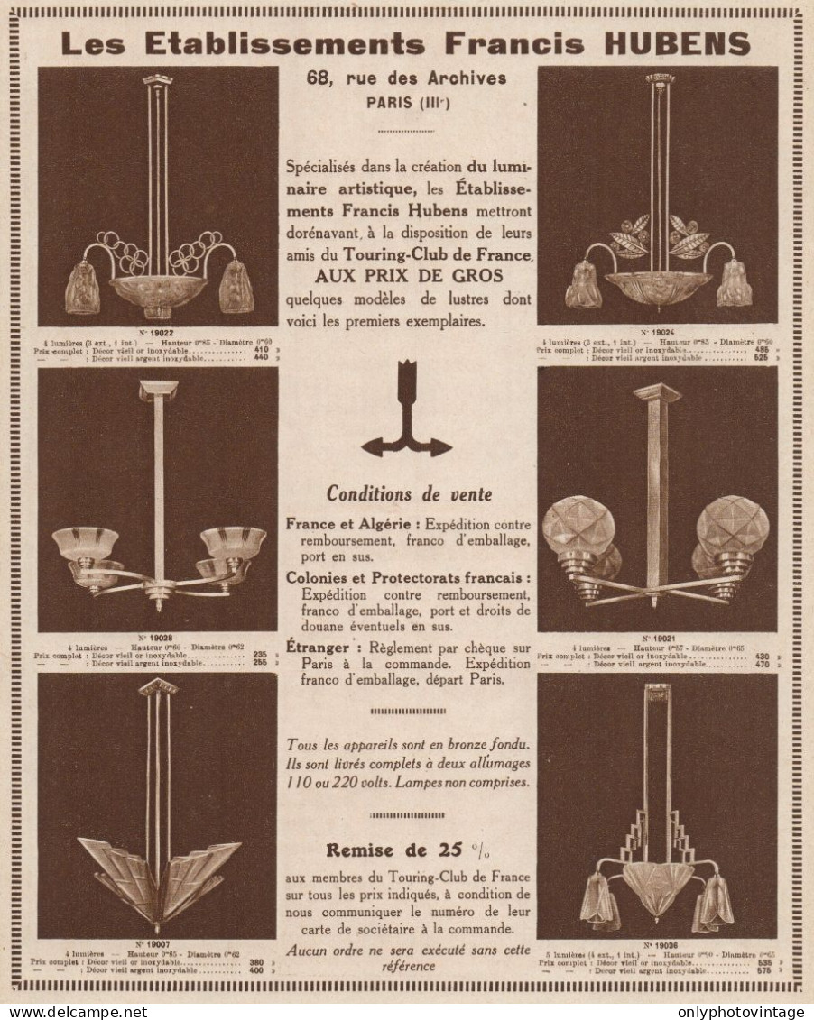 Lampadari Francis HUBENS - Paris - Pubblicità D'epoca - 1931 Old Advert - Pubblicitari