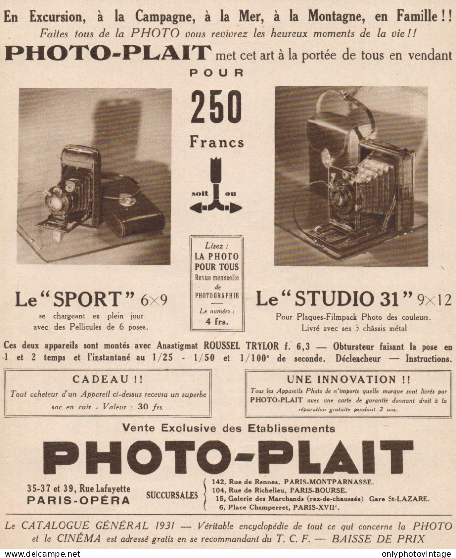 Apparecchi Fotografici PHOTO-PLAIT - Pubblicità D'epoca - 1931 Old Advert - Werbung