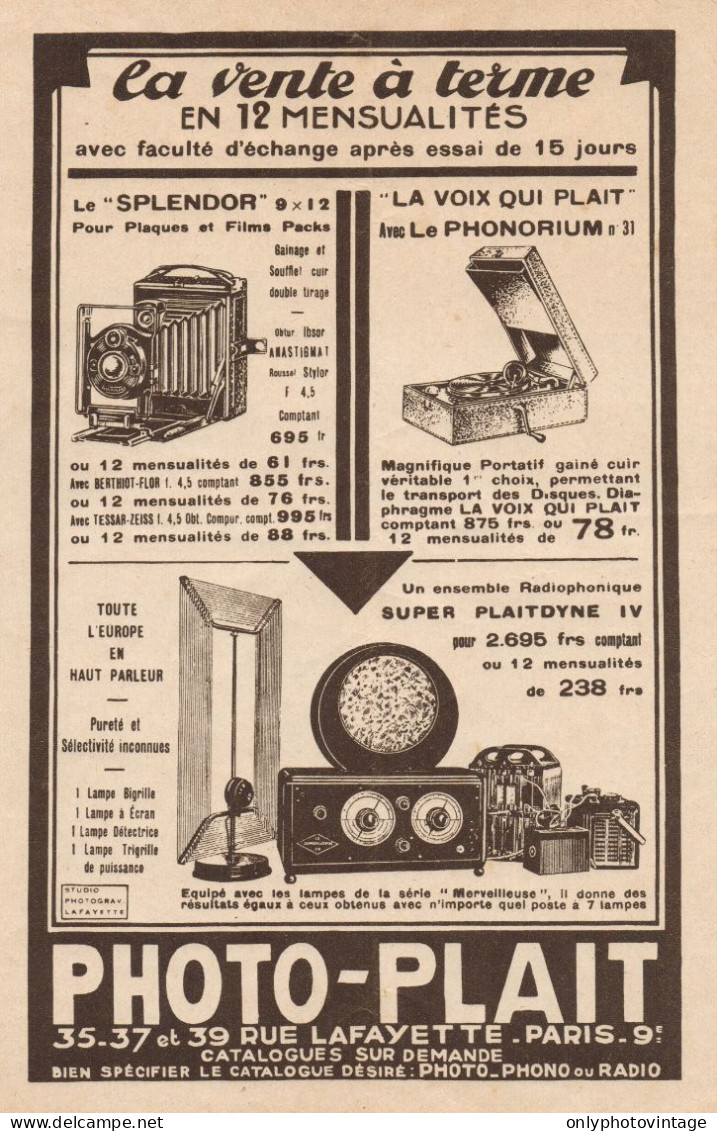 Apparecchi Fotografici PHOTO-PLAIT - Pubblicità D'epoca - 1931 Old Advert - Publicités