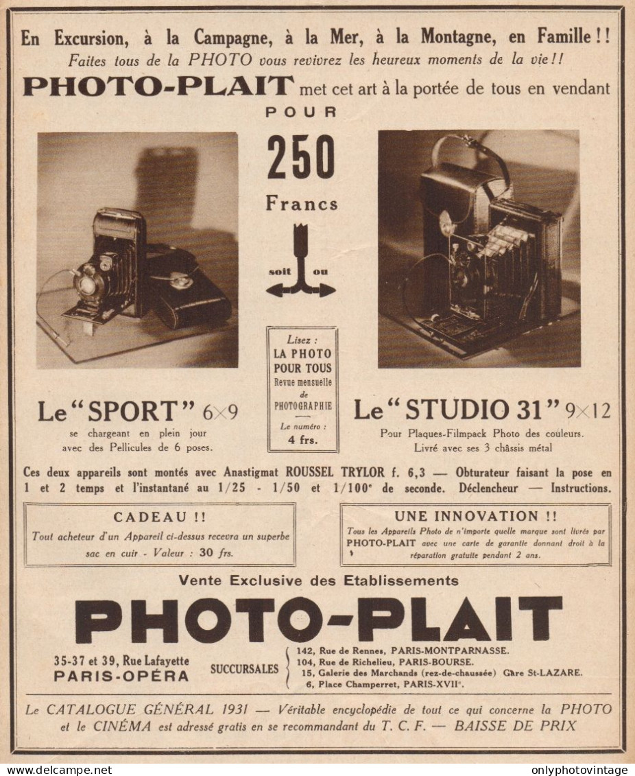 Apparecchi Fotografici PHOTO-PLAIT - Pubblicità D'epoca - 1931 Old Advert - Publicidad