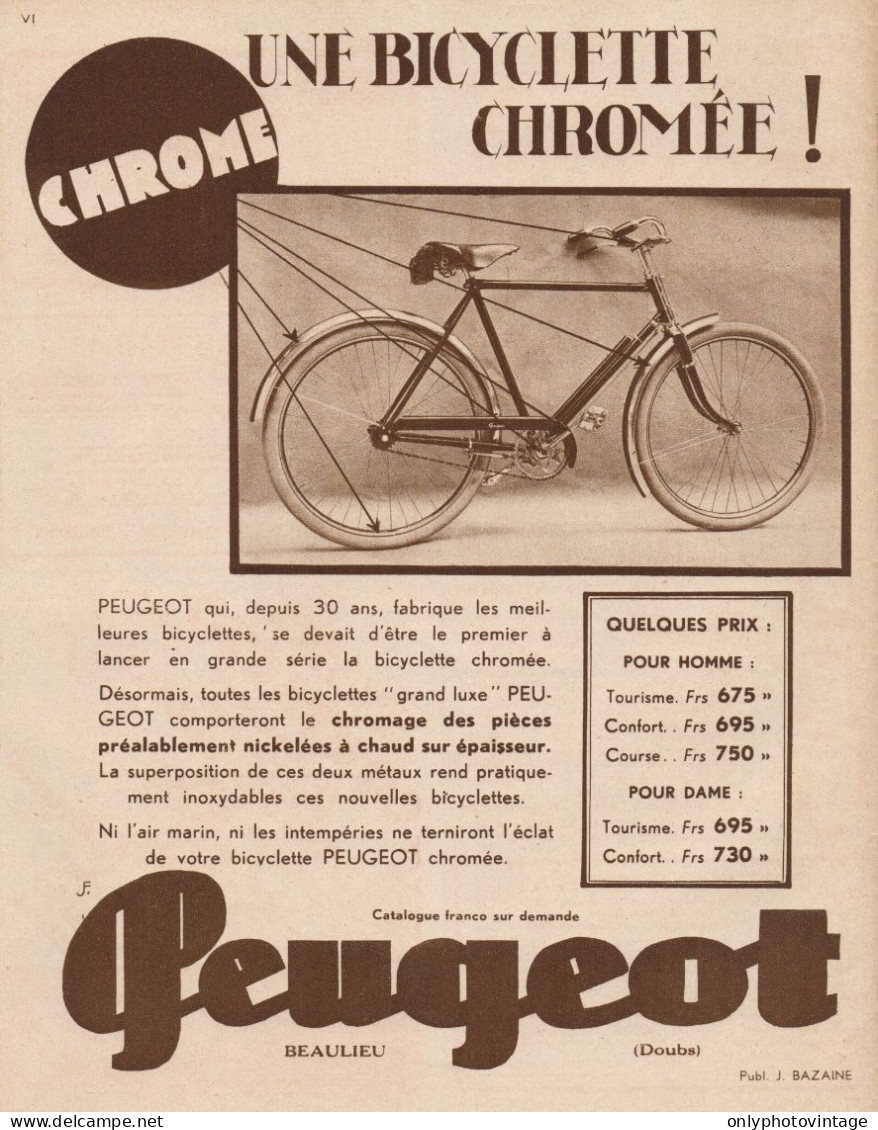 Biciclette PEUGEOT Chroméé - Pubblicità D'epoca - 1931 Old Advertising - Werbung