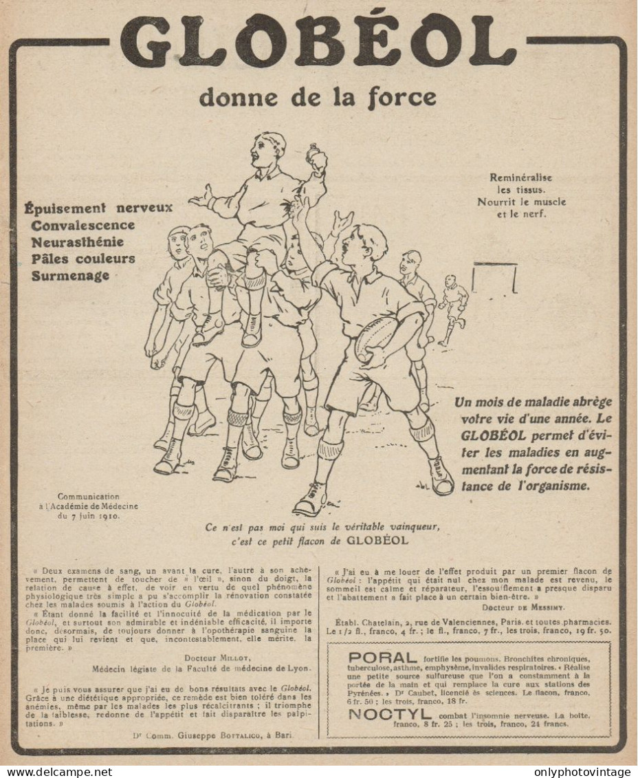 Globéol Donne De La Force - Rugby - Pubblicità - 1921 Old Advertising - Werbung
