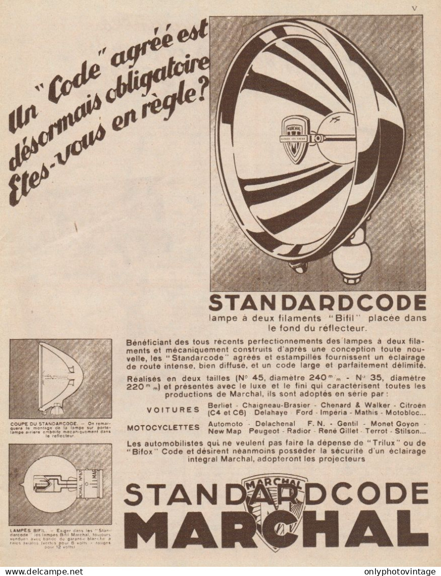 Lampe Standard Code MARCHAL - Pubblicità D'epoca - 1930 Old Advertising - Werbung