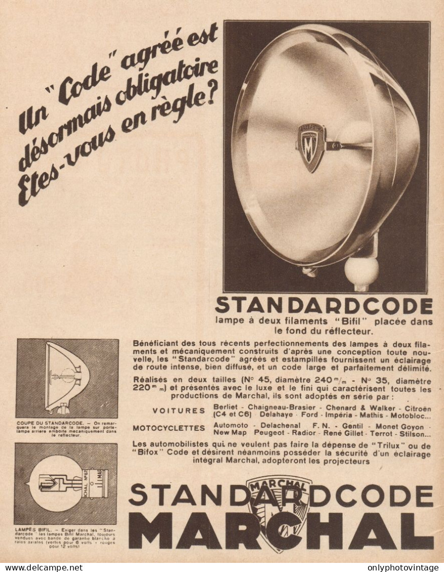 Lampe Standard Code MARCHAL - Pubblicità D'epoca - 1930 Old Advertising - Werbung