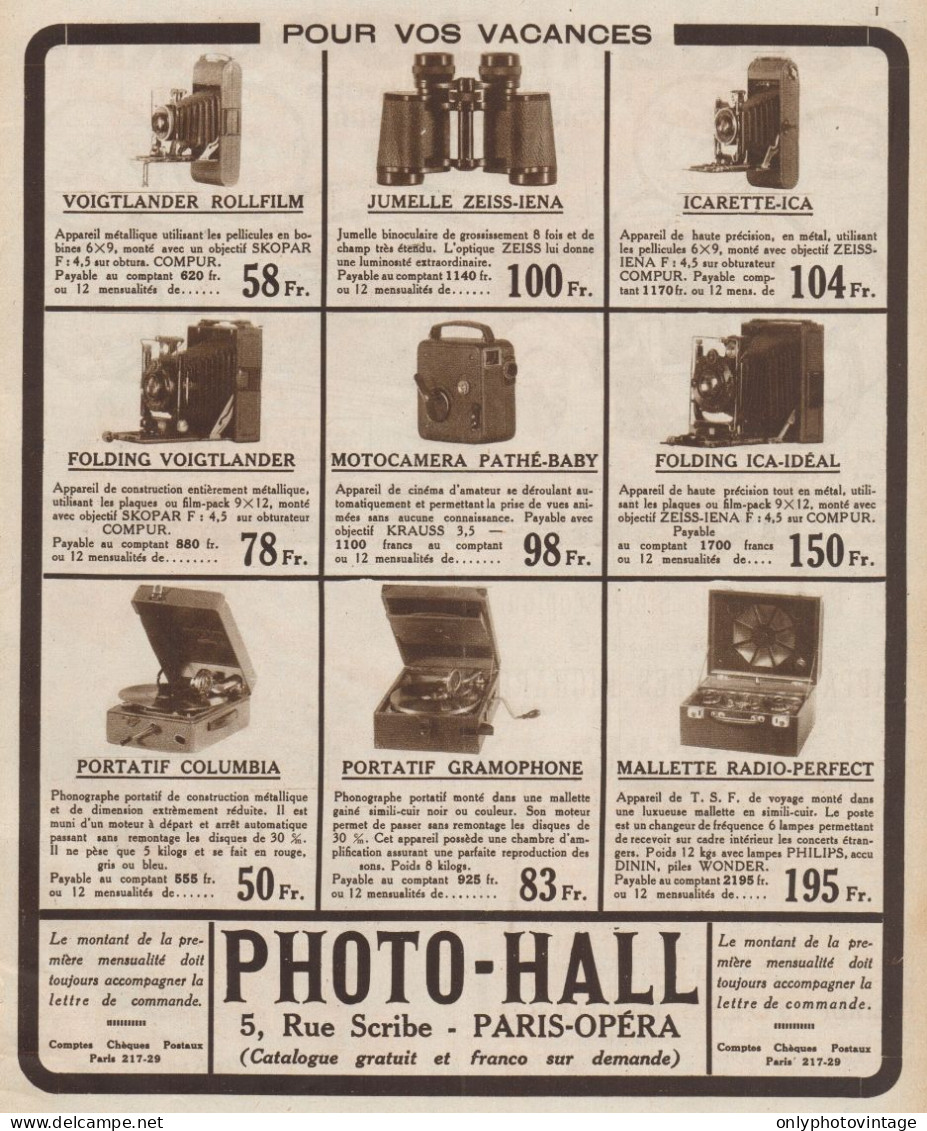 PHOTO-HALL - Apparecchi Fotografici - Pubblicità D'epoca - 1930 Old Advert - Publicités